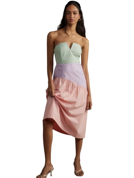 Maeve Dresses & Skirts - Maeve Strapless Colorblock Pinstripe Midi Dress small pink purple green